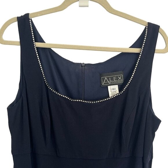 Alex Evenings 16 Long Maxi Dress Navy Blue Ruched Sleeveless Embellished Formal - Picture 7 of 15
